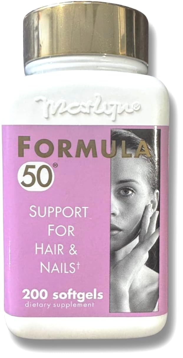 MARLYN envase frontal Formula 50 mostrando 200 softgels y ventaja de suministro prolongado