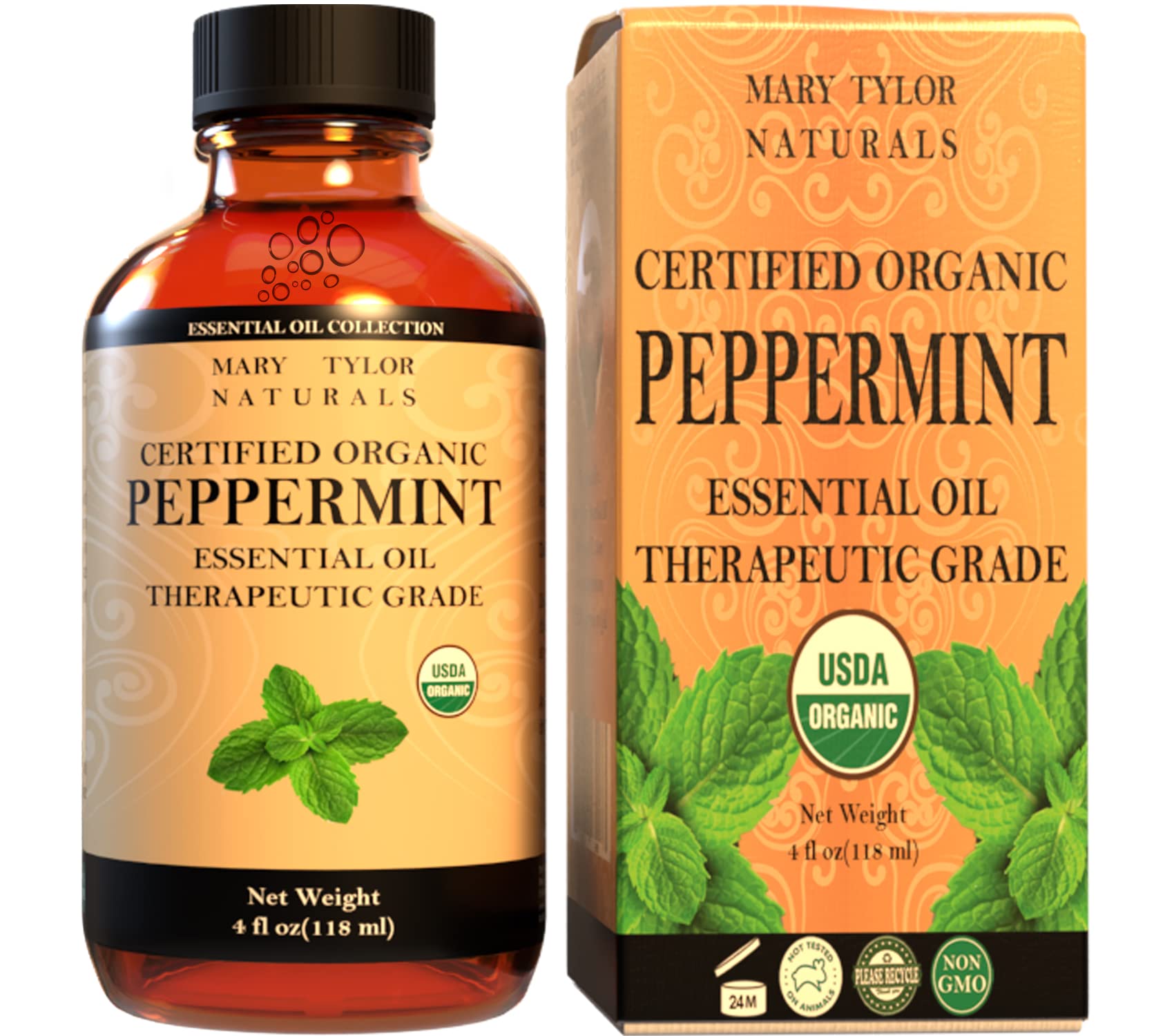 Mary Tylor Naturals frasco ámbar 4 oz mostrando conservación y pureza