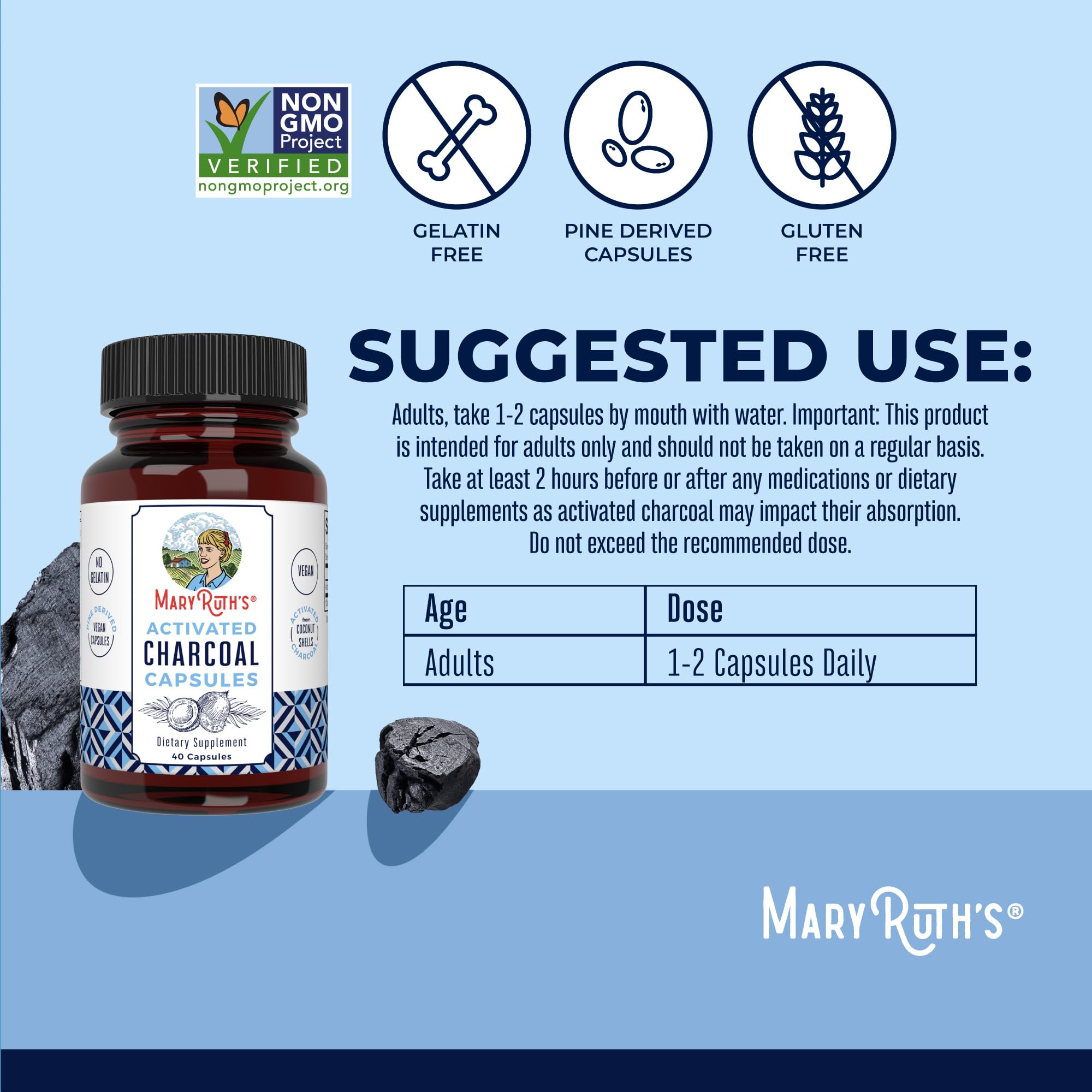 MARYRUTH'S cápsula abierta mostrando polvo de carbón activado puro y denso