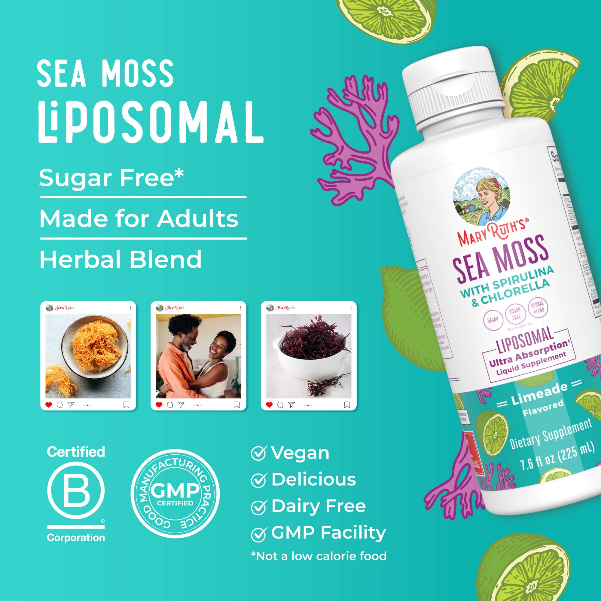 MARYRUTH'S sello de certificaciones Clean Label y B Corp visible en etiqueta