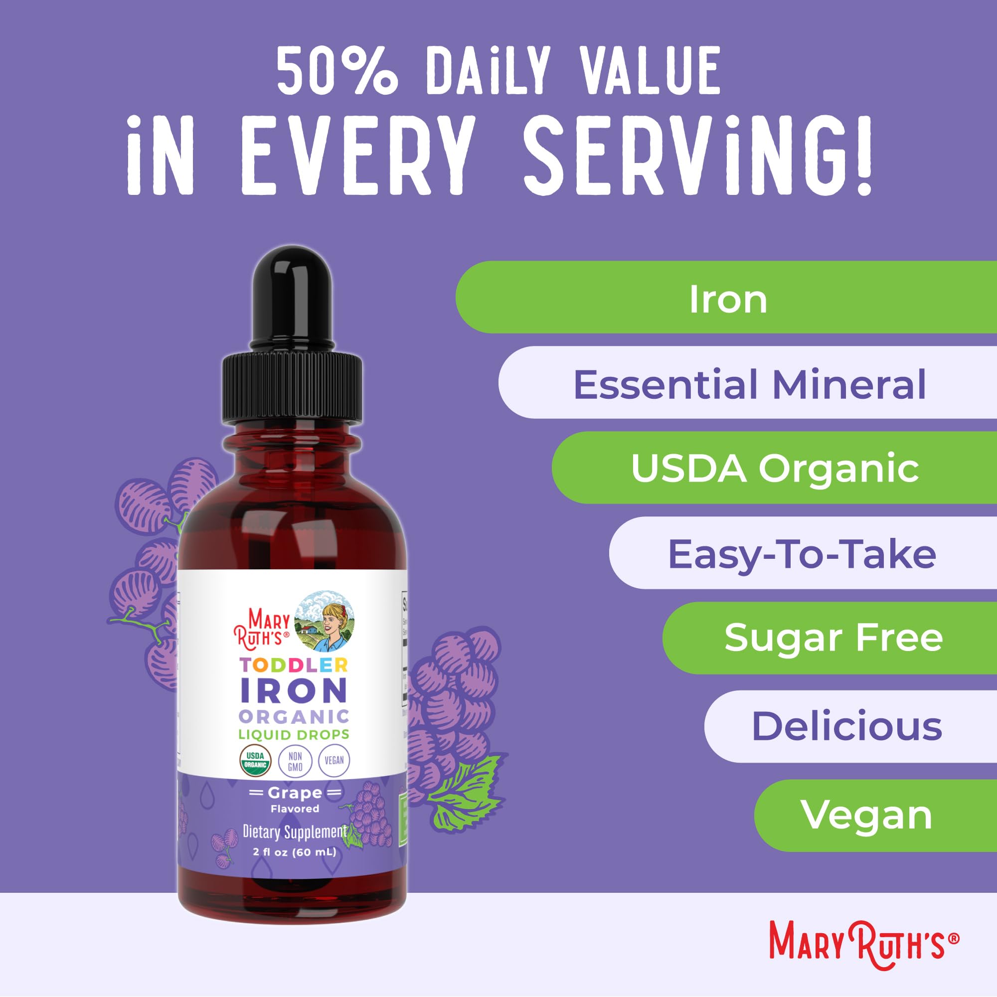 MaryRuth's frasco junto a manos de adulto para comparar tamaño y contener 59 ml