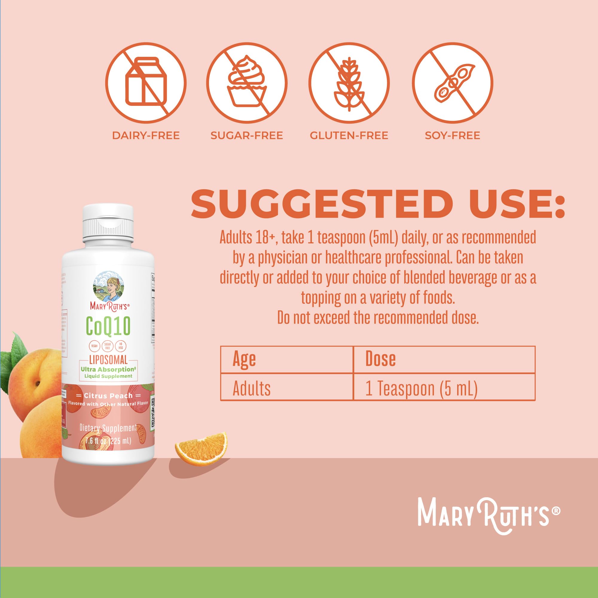 Cucharadita con 5 mL de MARYRUTH'S CoQ10 lista para tomar; dosificación práctica diaria