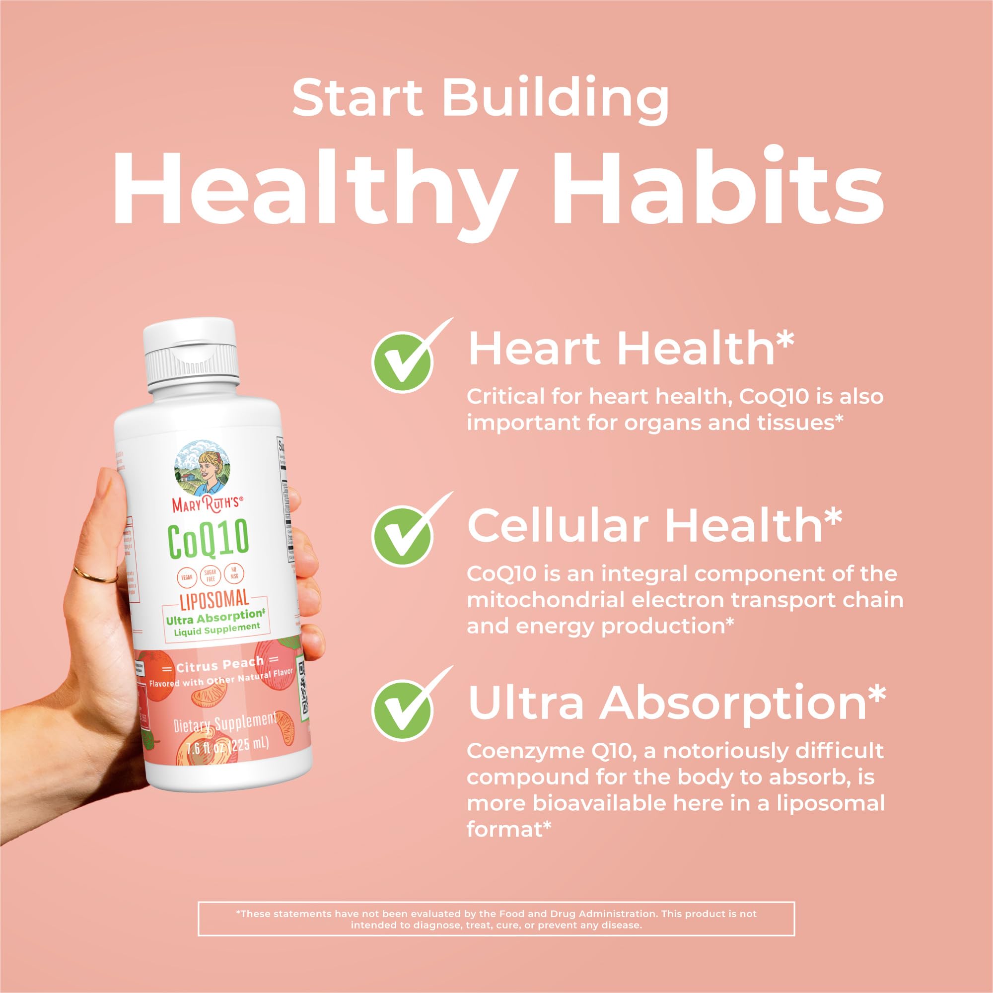 Etiqueta nutricional de MARYRUTH'S CoQ10 mostrando 75 mg por porción e información clara