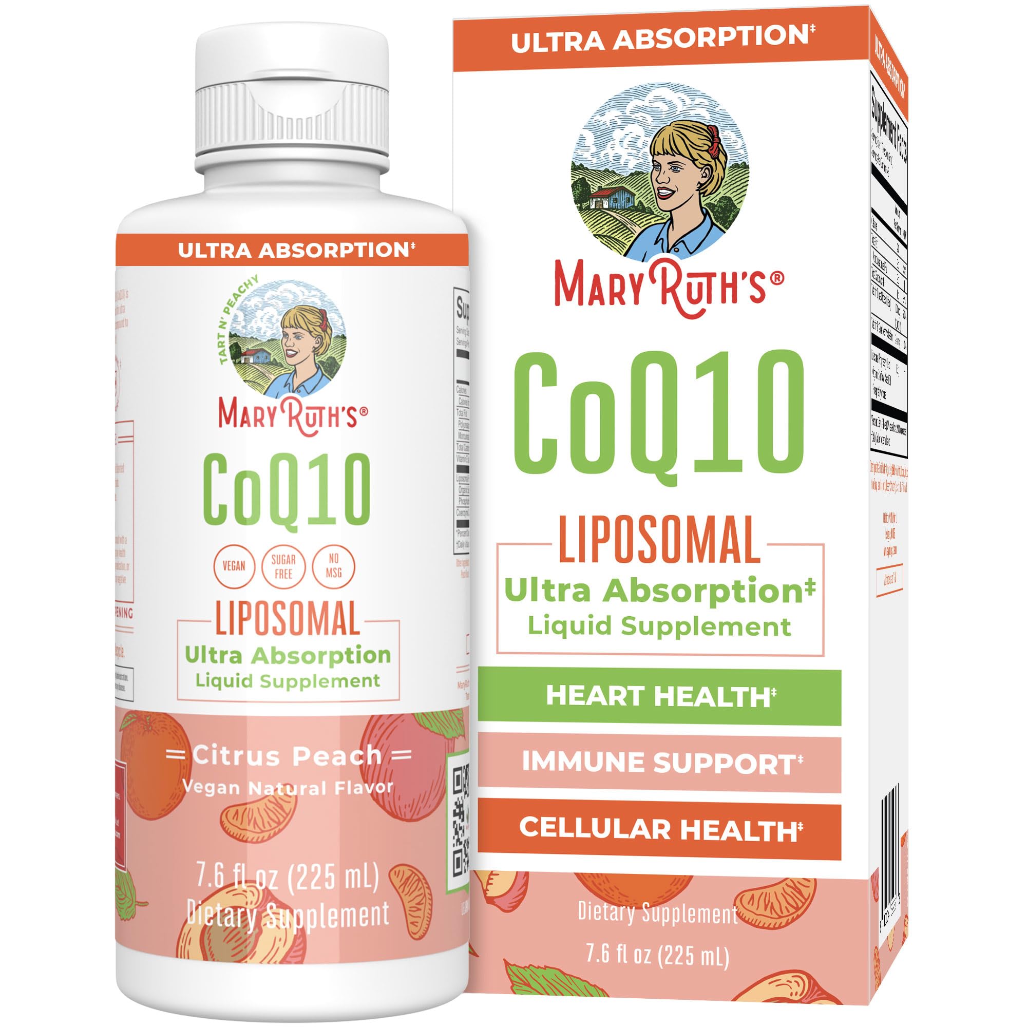 MARYRUTH'S botella frontal del CoQ10 liposomal mostrando el envase y beneficio de absorción