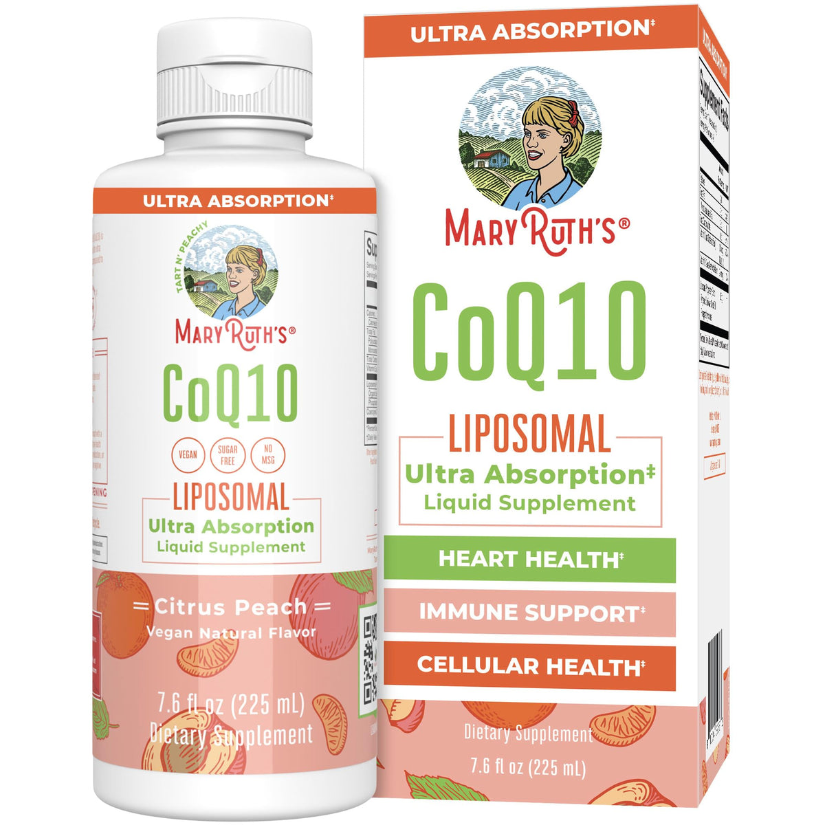 MARYRUTH'S botella frontal del CoQ10 liposomal mostrando el envase y beneficio de absorción