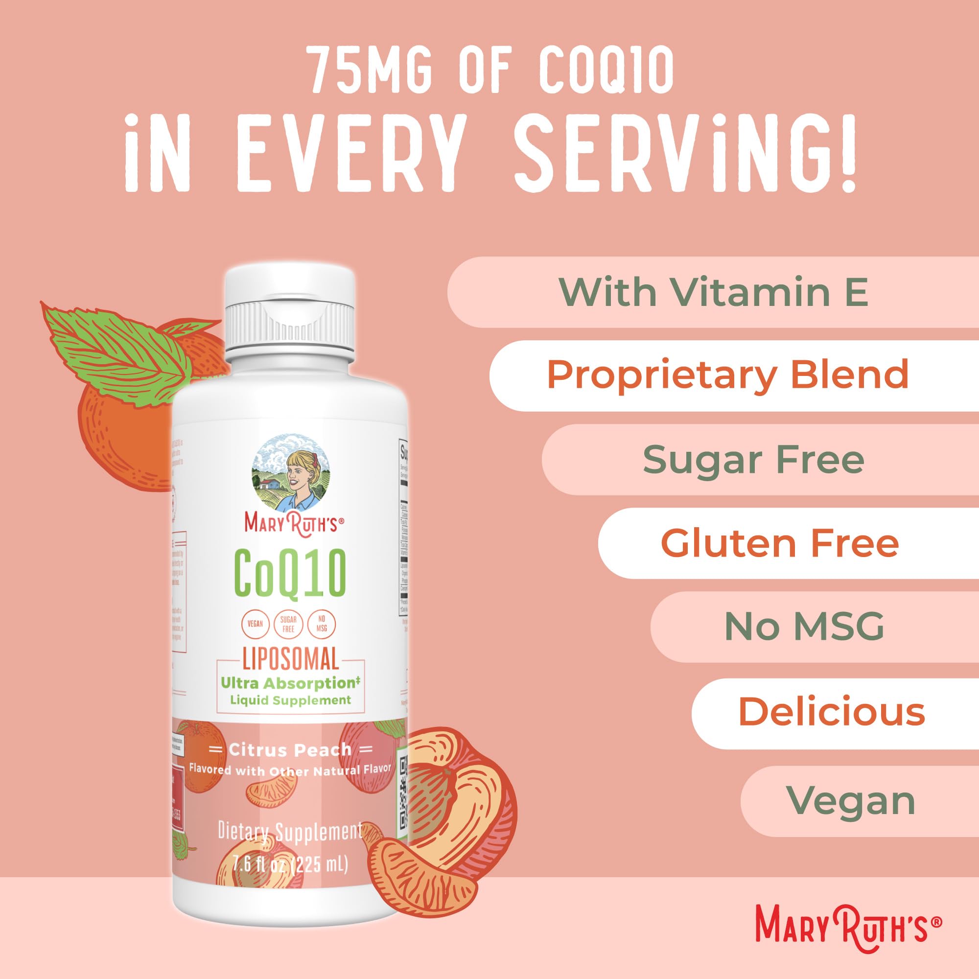 Lista de ingredientes de MARYRUTH'S CoQ10 destacando vegan y sin OGM en el envase