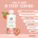 Lista de ingredientes de MARYRUTH'S CoQ10 destacando vegan y sin OGM en el envase