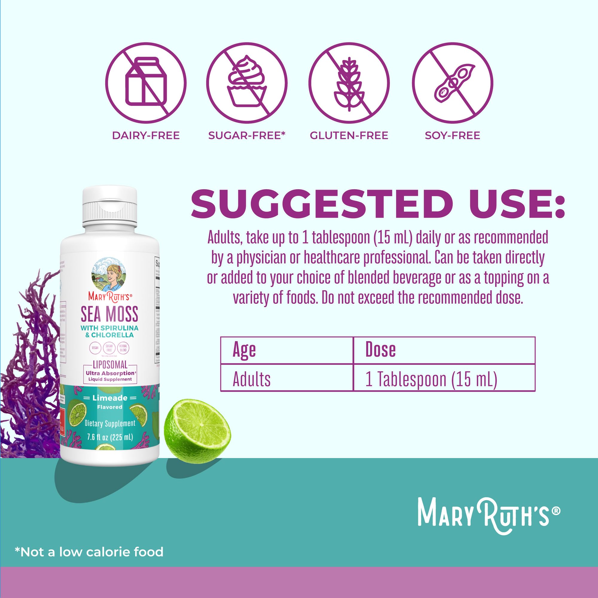 MARYRUTH'S etiqueta con lista de ingredientes y dosificaciones claras