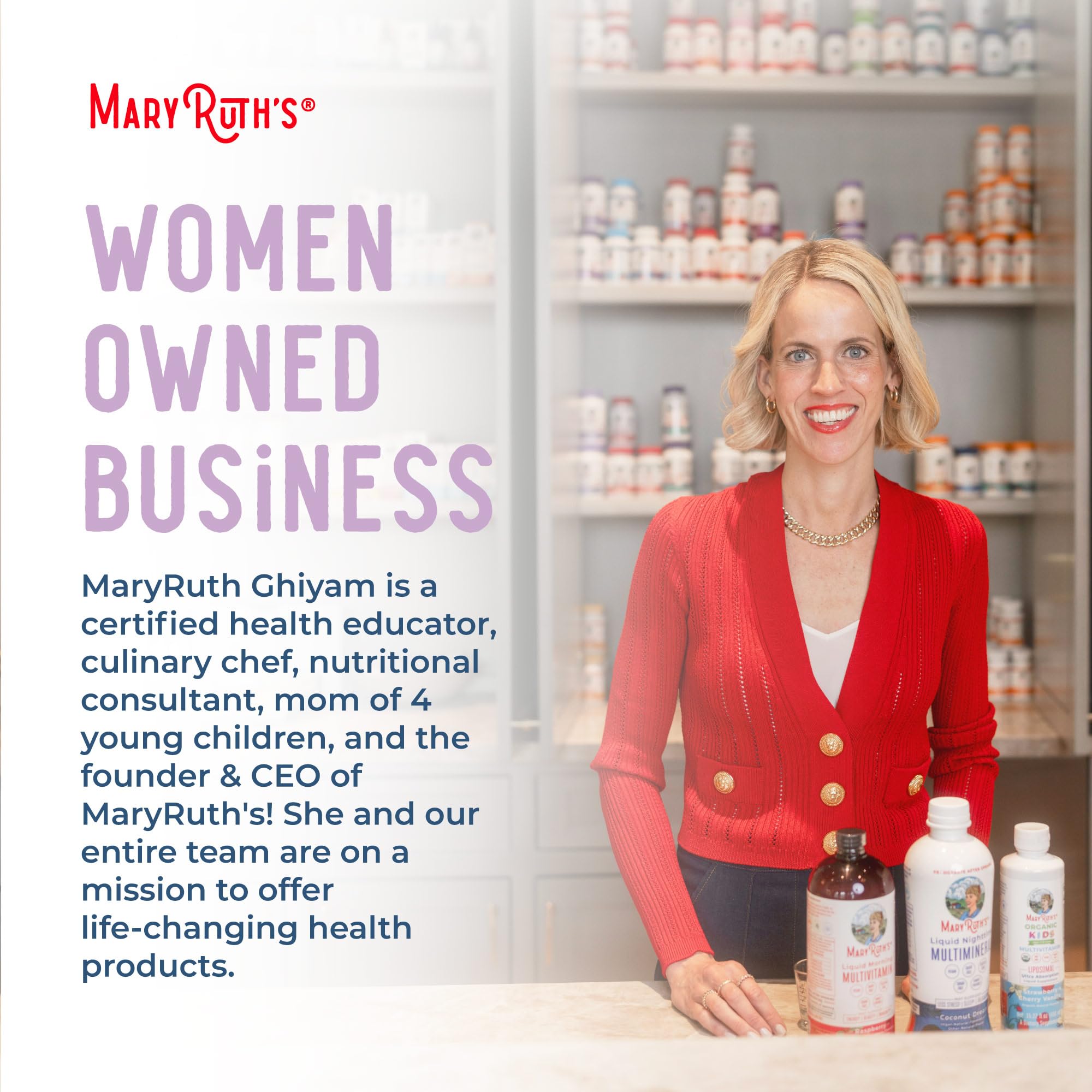 MARYRUTH'S empaque lateral con información de ingredientes y uso