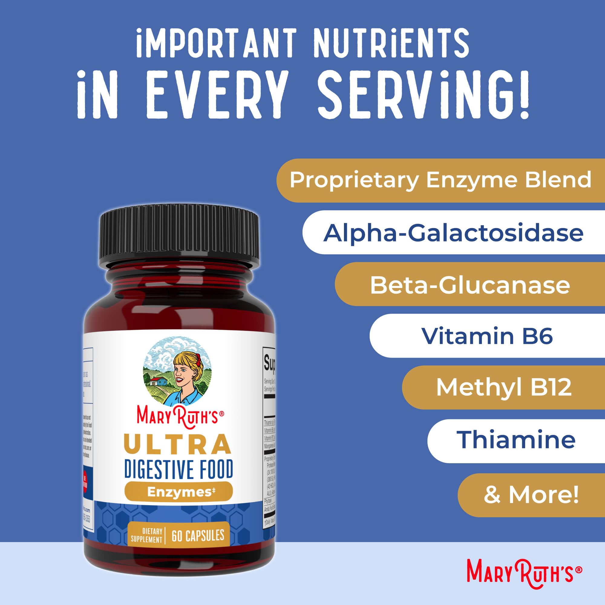 MARYRUTH'S suplemento en mesa con alimentos variados para digestión equilibrada