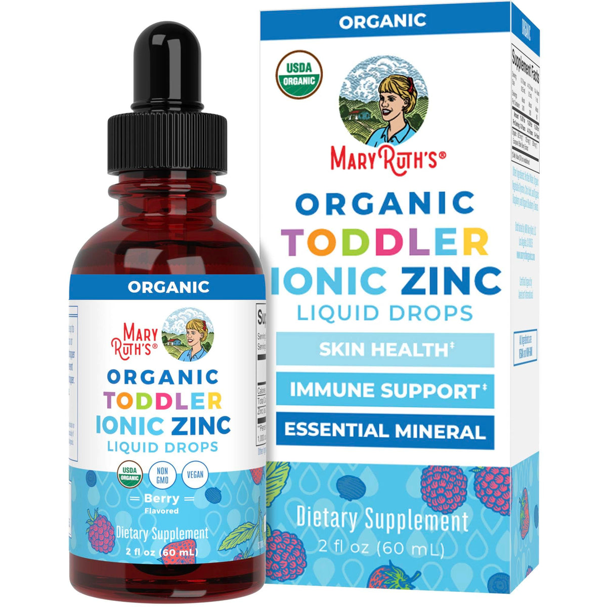 MaryRuth's envase frontal mostrando zinc líquido y beneficios claros