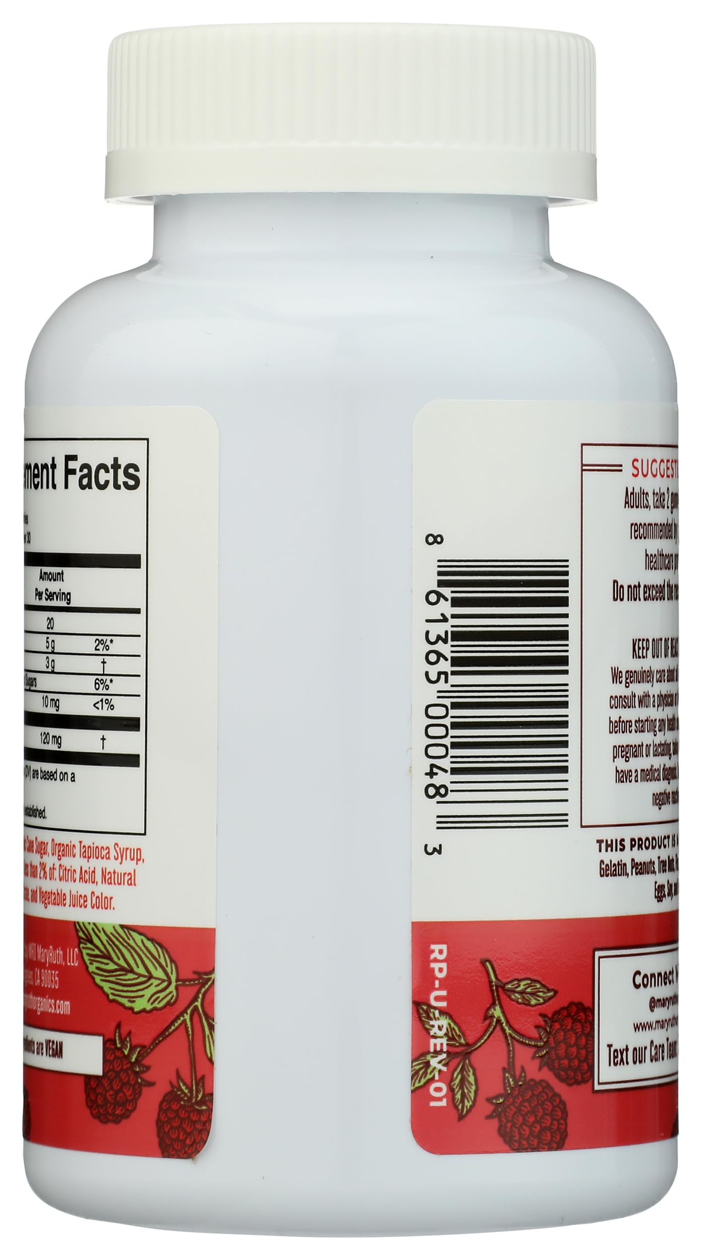 MARYRUTH'S etiqueta con información nutricional y 120 mg por porción, transparencia