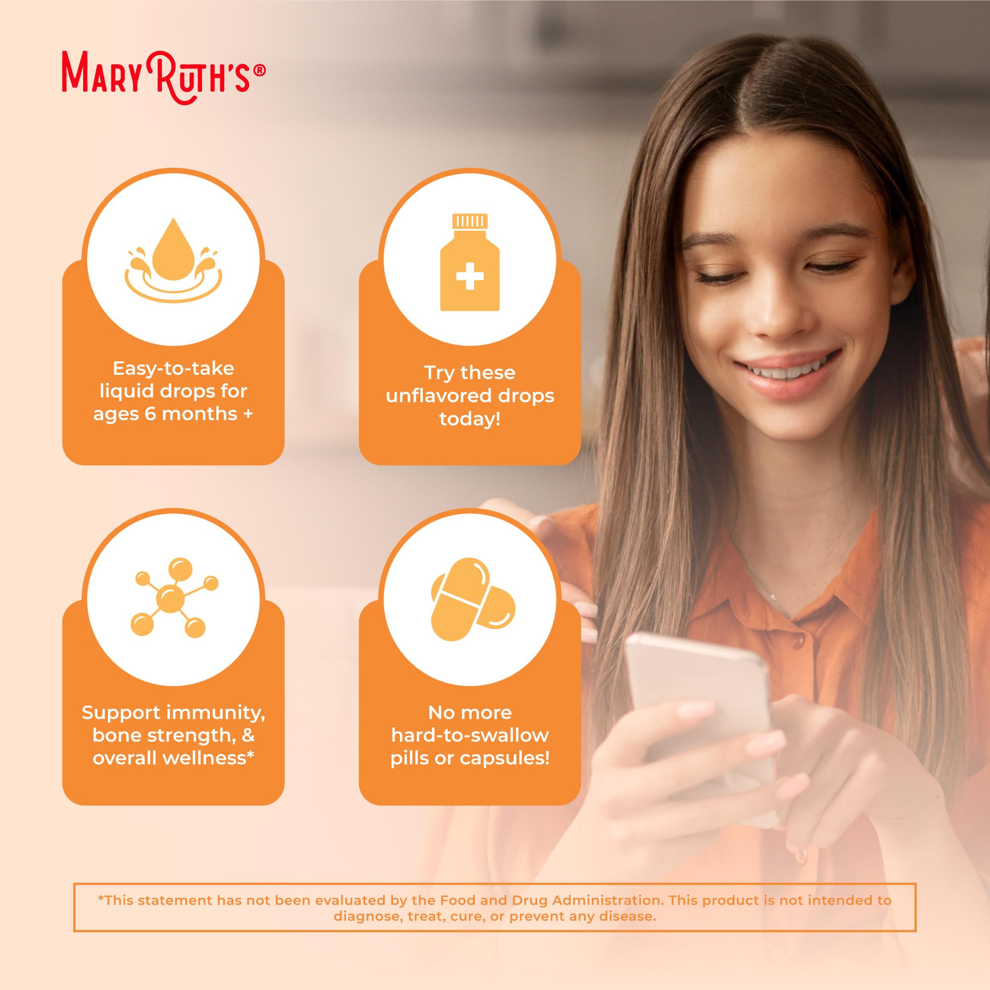 MaryRuth's etiqueta cercana mostrando ingredientes orgánicos y sin alérgenos