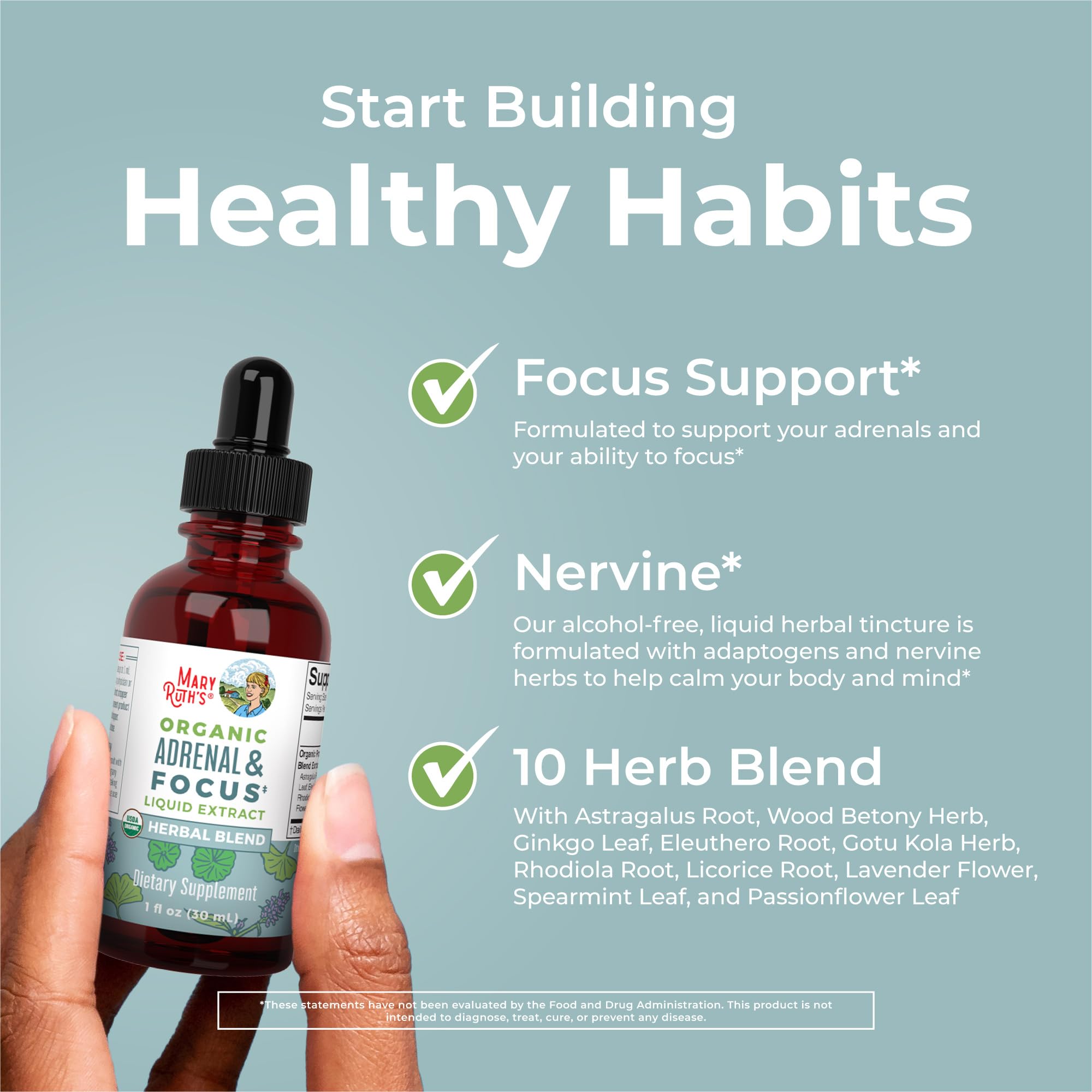 MARYRUTH'S etiqueta con lista de ingredientes orgánicos y beneficios visibles