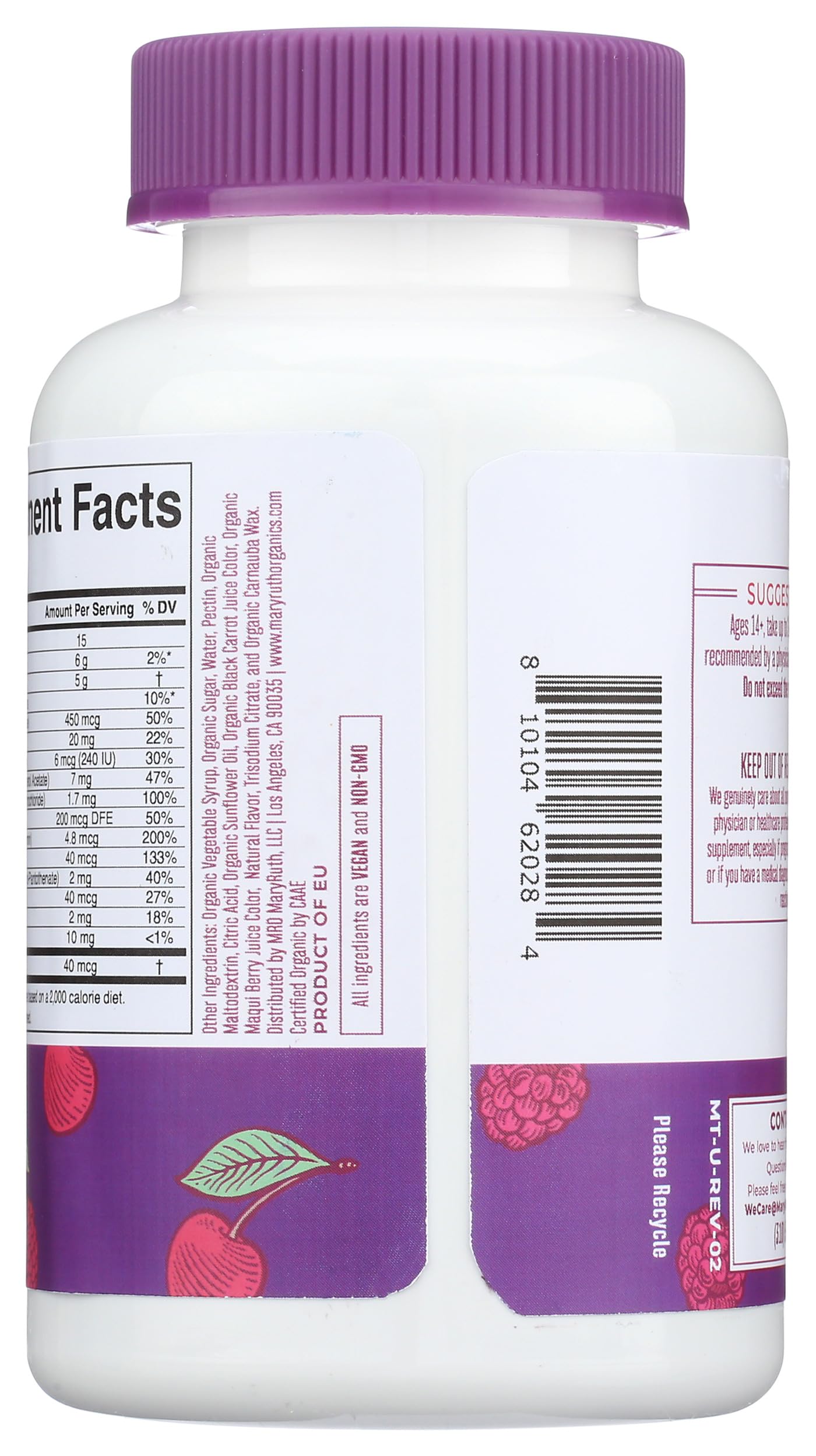 MARYRUTH'S etiqueta de ingredientes y lista de vitaminas claras