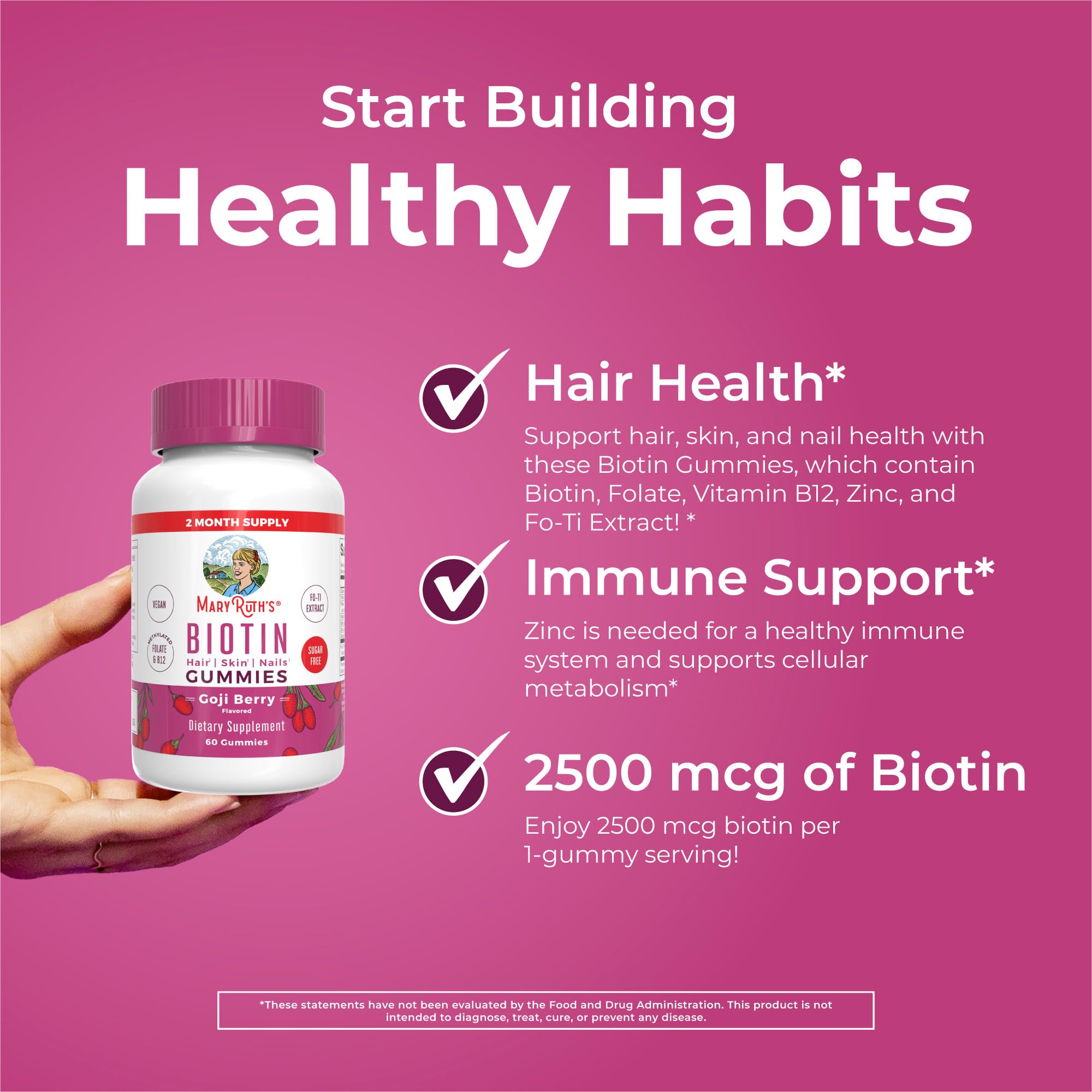 MARYRUTH'S etiqueta nutricional resaltando 2500 mcg de biotina