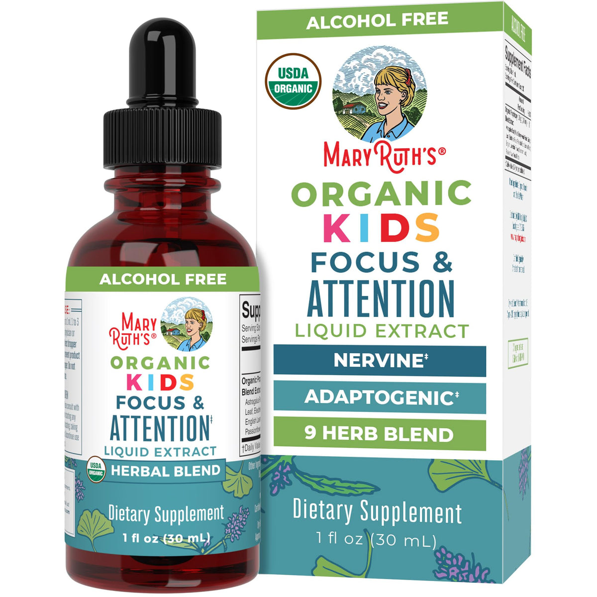 MARYRUTH'S frasco delantero Focus & Attention Drops mostrando etiqueta y beneficios orgánicos