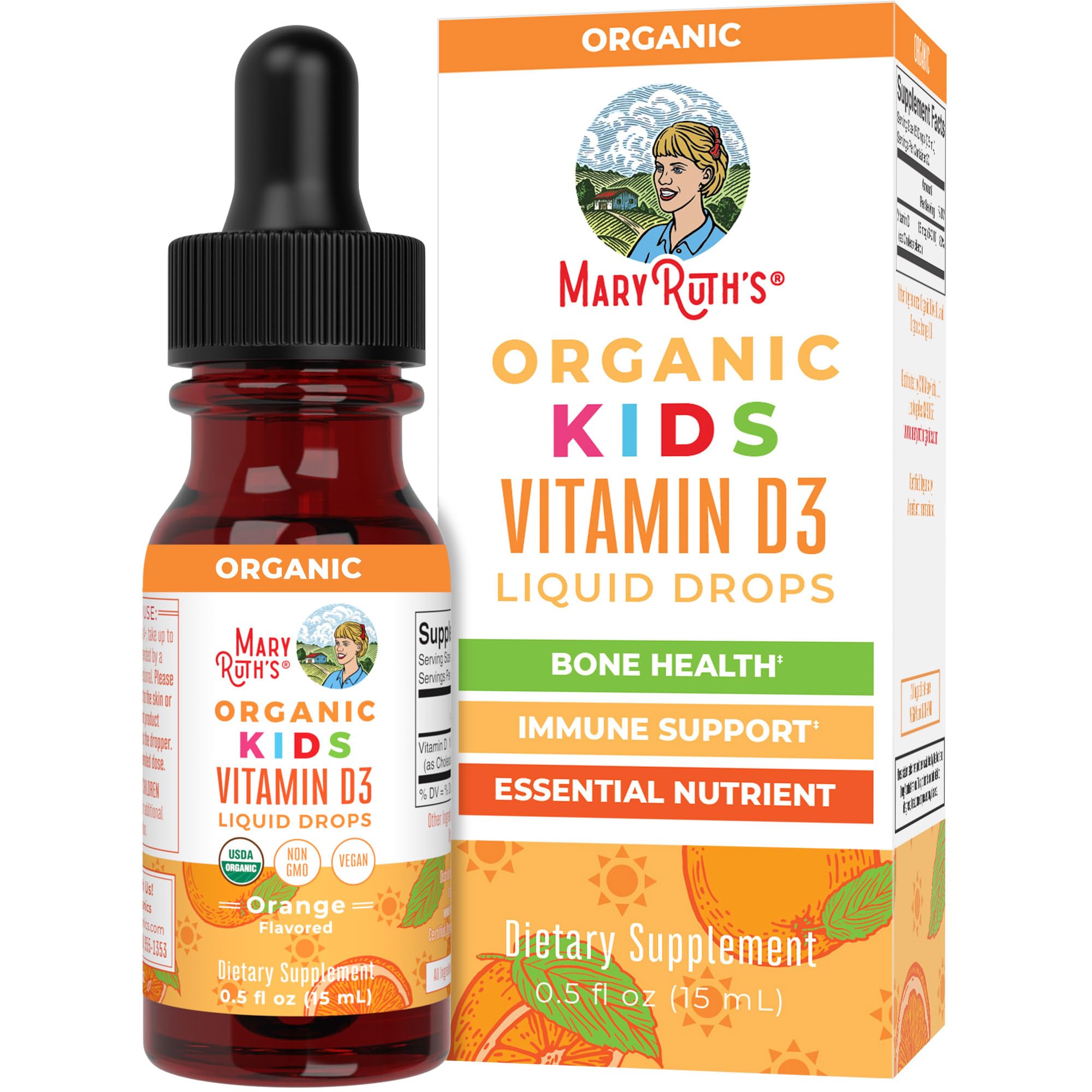 MARYRUTH'S frasco principal de vitamina D3 orgánica, presentación clara y tamaño compacto