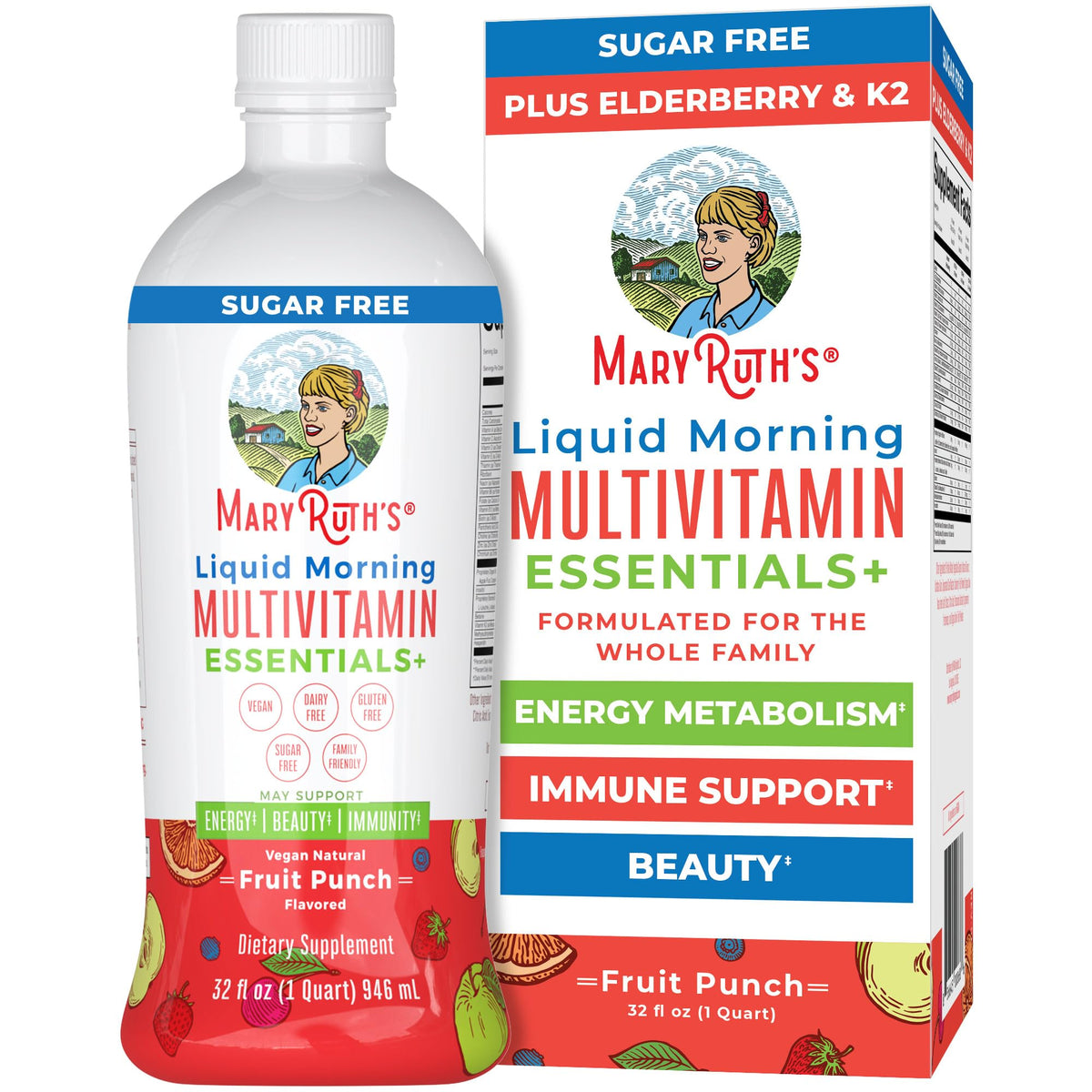 MaryRuth's frente del empaque mostrando botella y sabor, fácil identificación y uso