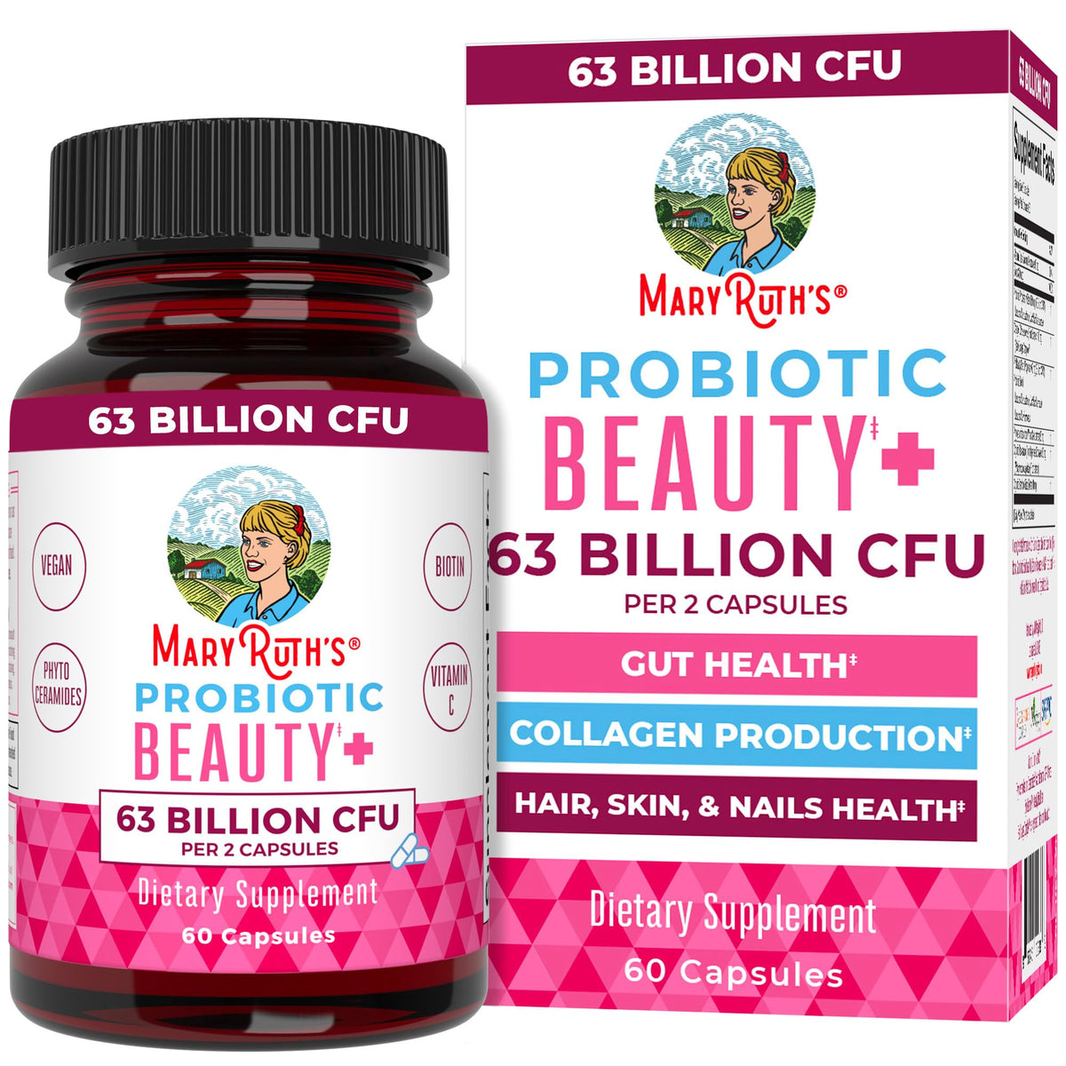 MARYRUTH'S envase frontal que muestra fórmula vegana y beneficios