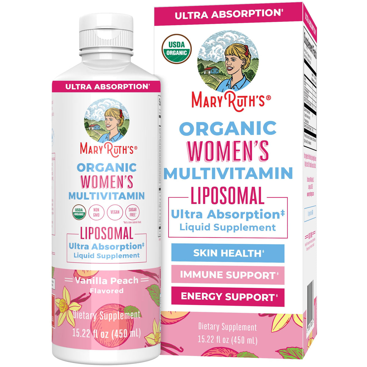 maryruth's botella frontal mostrando la etiqueta y beneficios visibles