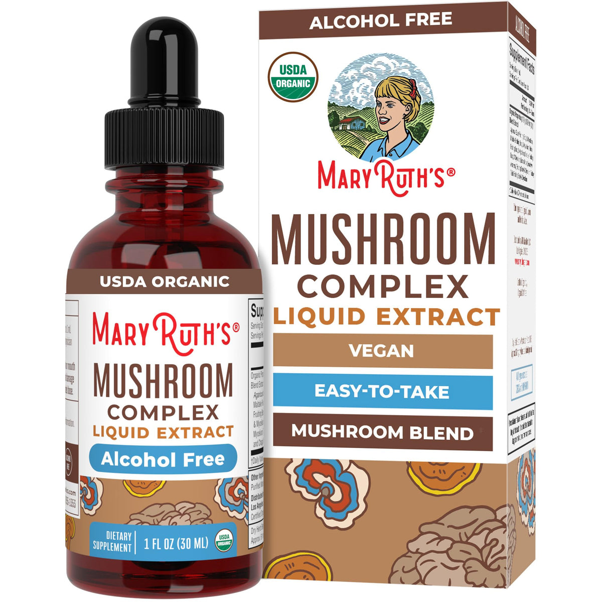 MARYRUTH'S envase frontal Mushroom Complex mostrando presentación vegana y sin alcohol