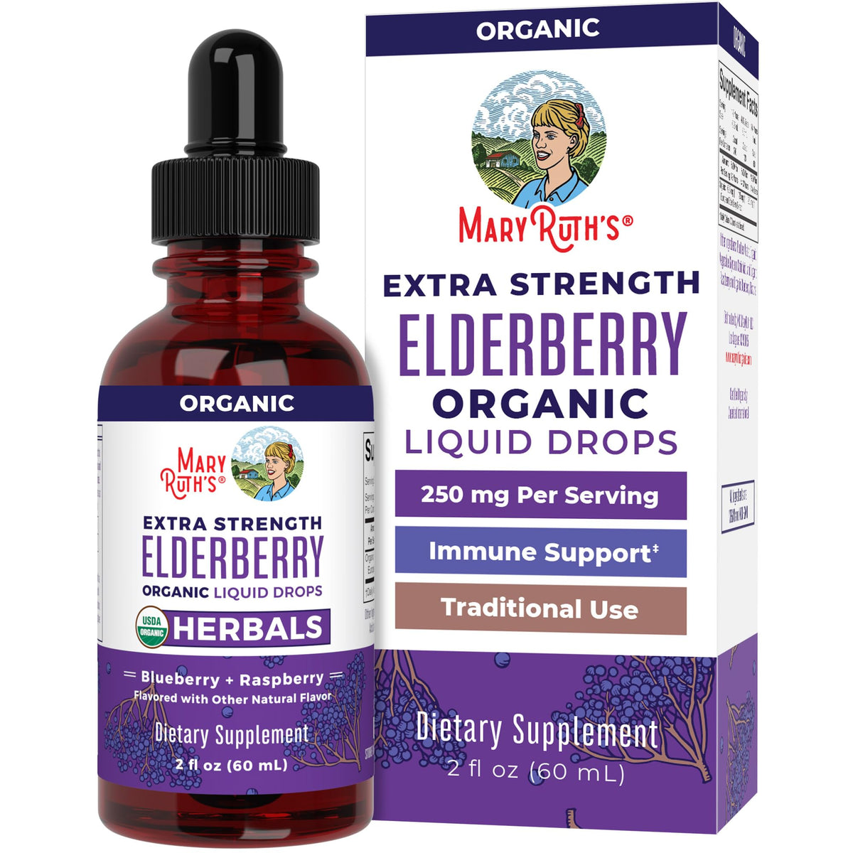 MARYRUTH'S frasco frontal de Elderberry mostrando diseño y cantidad