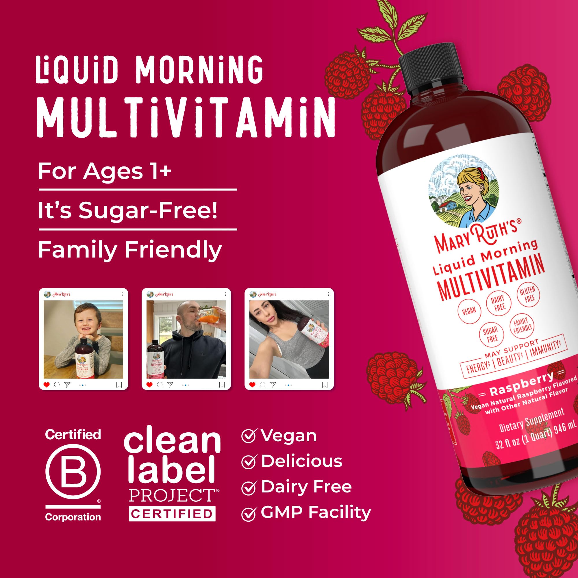 MARYRUTH'S presentación de vitaminas clave y complejo B resaltando beneficios nutricionales