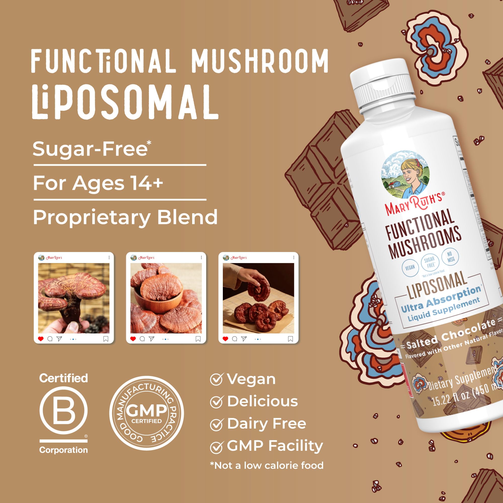 MARYRUTH'S conjunto de hongos (Reishi, Turkey Tail, King Trumpet, Antrodia) representados visualmente