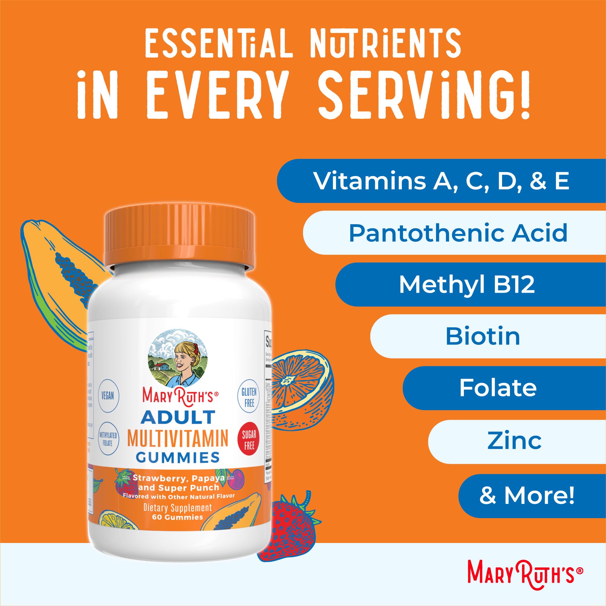 MARYRUTH'S ingredientes naturales fresa y papaya que sugieren sabor