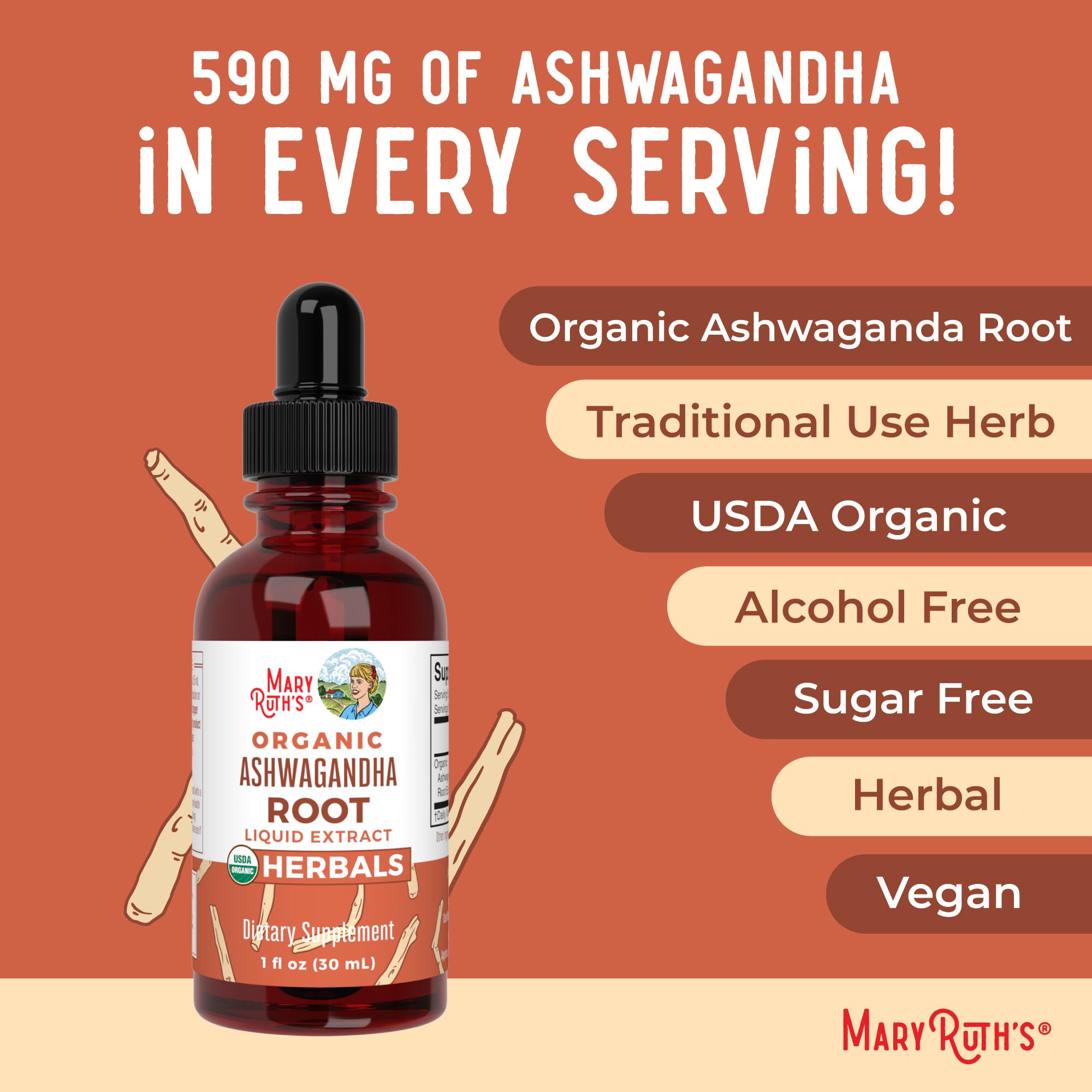 MARYRUTH'S raíz de ashwagandha natural junto al frasco mostrando origen orgánico