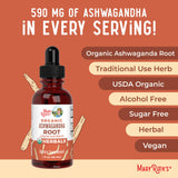 MARYRUTH'S raíz de ashwagandha natural junto al frasco mostrando origen orgánico