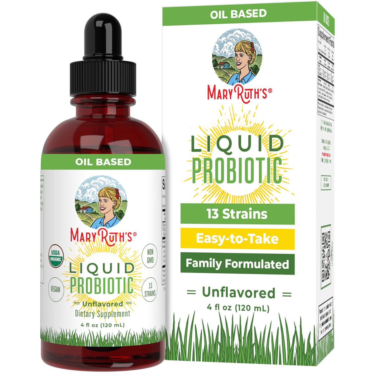 MARYRUTH'S botella frontal del probiótico orgánico mostrando etiqueta y beneficios