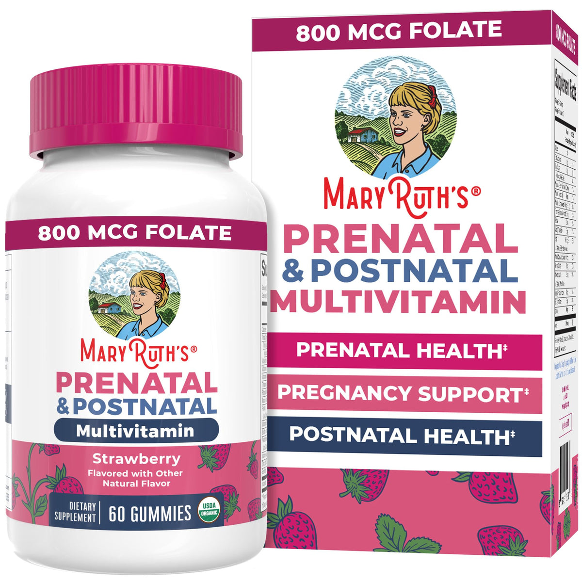 MARYRUTH'S envase frontal mostrando gomitas prenatales orgánicas y beneficios claros