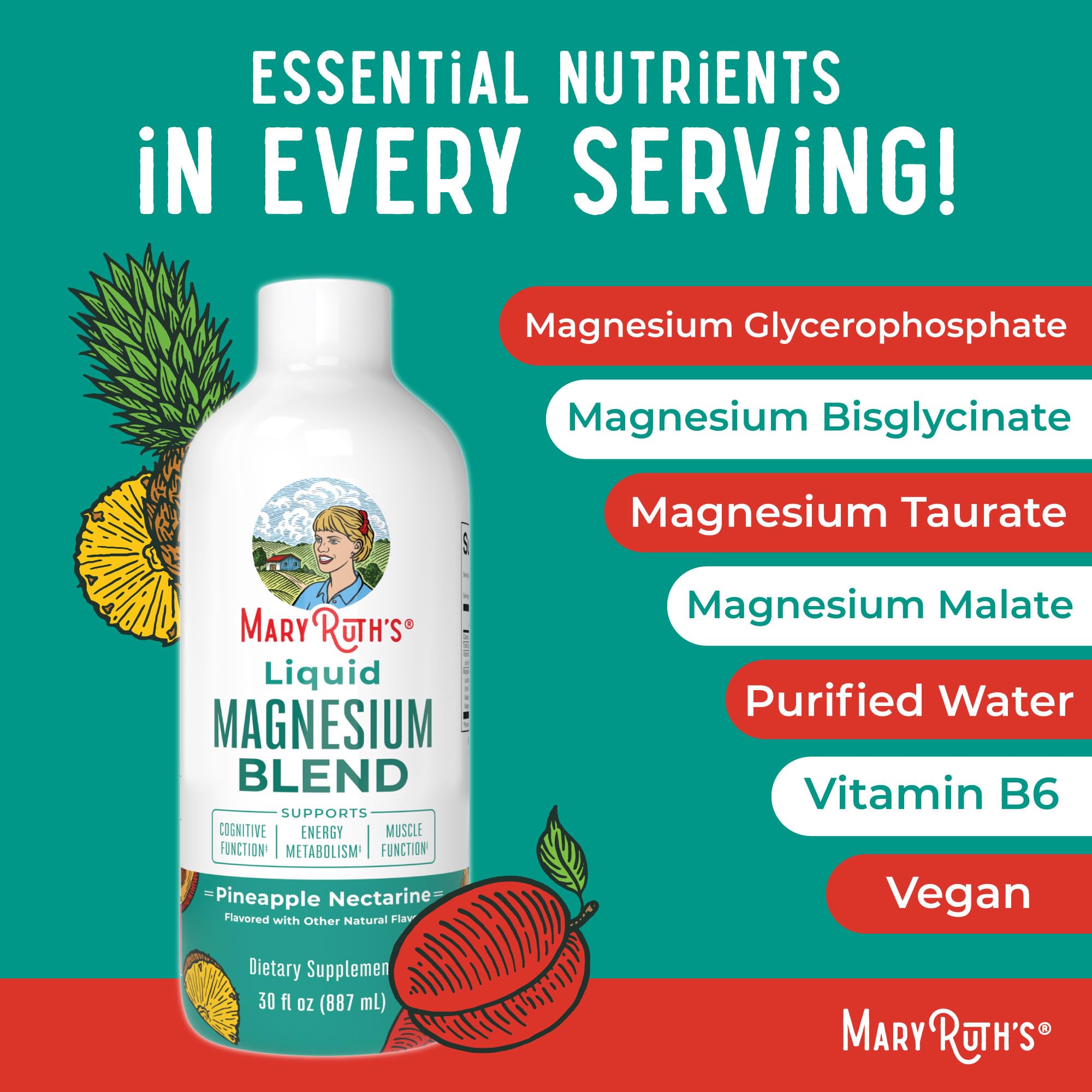 MARYRUTH'S botella con frutas piña y nectarina destacando sabor