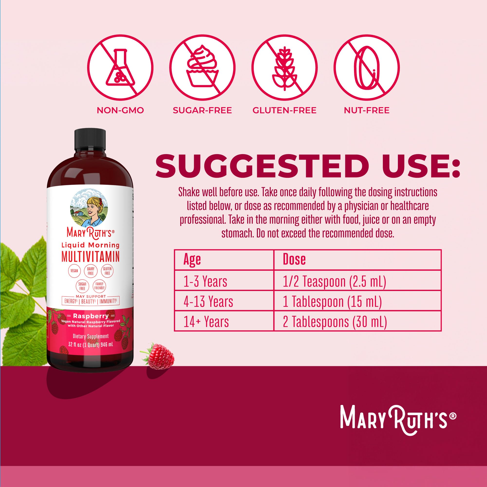 MARYRUTH'S gota de multivitamínico textura líquida y color frambuesa para toma agradable