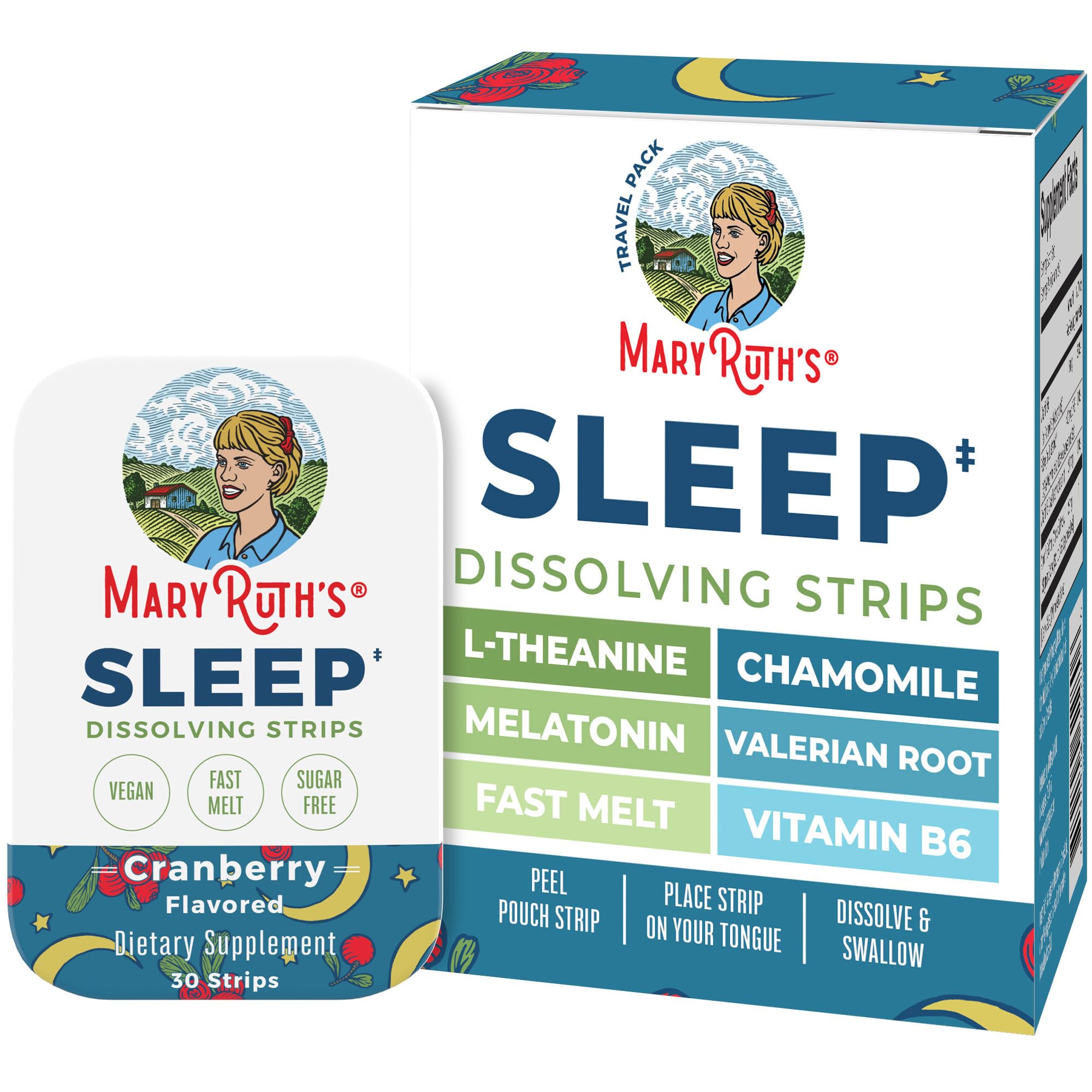 MARYRUTH'S frasco frontal de Sleep Dissolving Strips con sabor arándano mostrando el envase