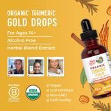 Escena de desayuno con MARYRUTH'S Turmeric Gold junto a jugo natural, uso cotidiano