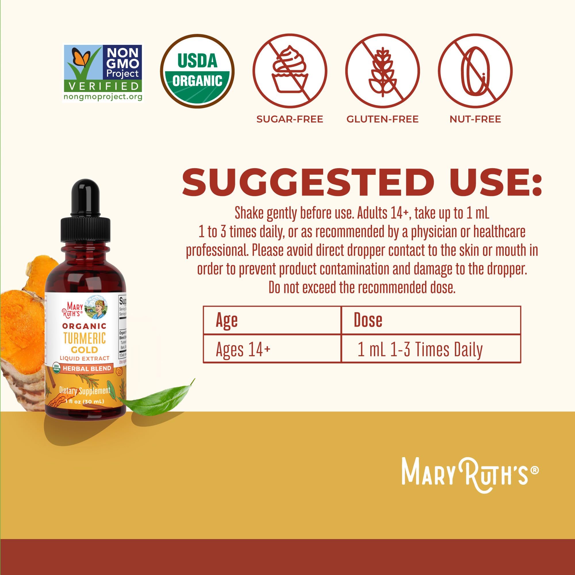 Ingredientes orgánicos (cúrcuma, pimienta, jengibre) dispuestos junto a la botella MARYRUTH'S
