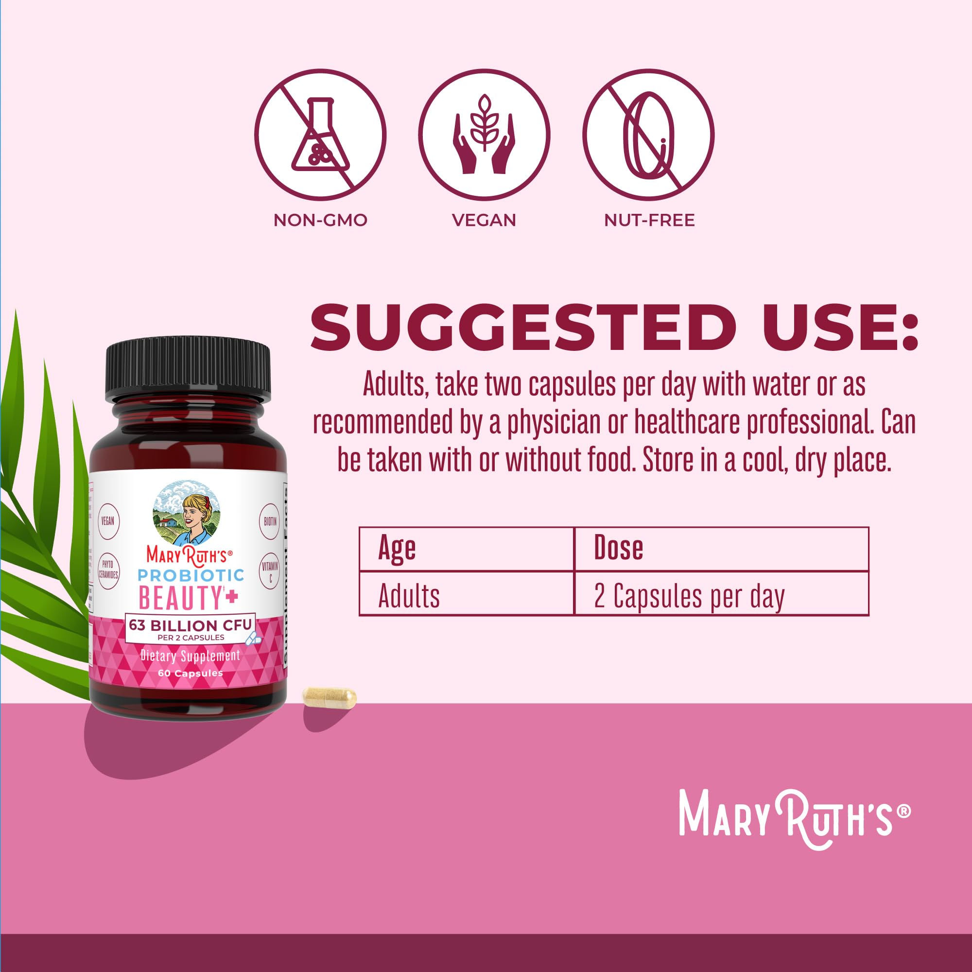 MARYRUTH'S cápsula en la mano para mostrar tamaño real y dosificación