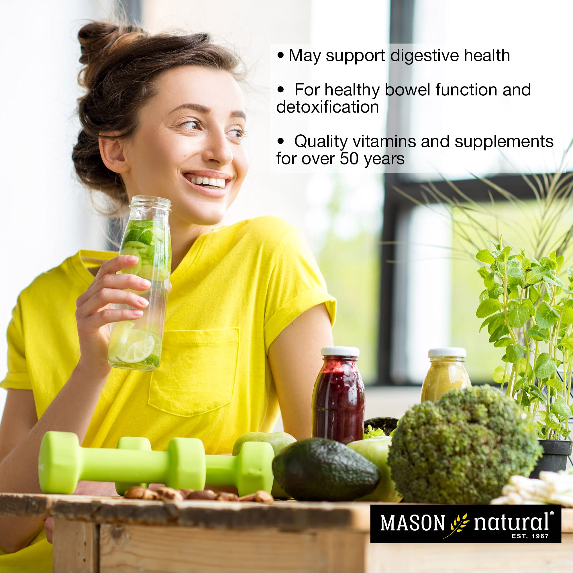 MASON NATURAL frasco en mesa junto a plato, sugiere apoyo digestivo diario