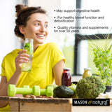 MASON NATURAL frasco en mesa junto a plato, sugiere apoyo digestivo diario