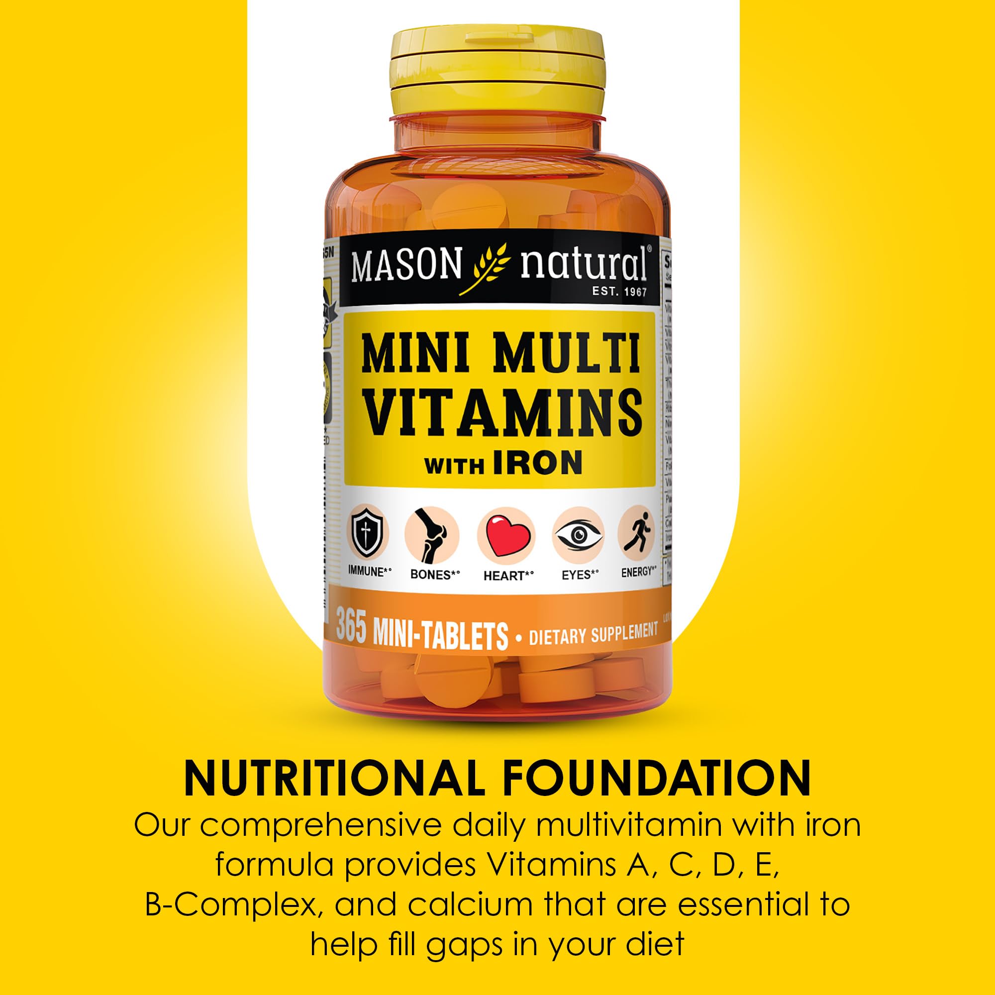 MASON NATURAL etiqueta de ingredientes destacando vitaminas y hierro claros