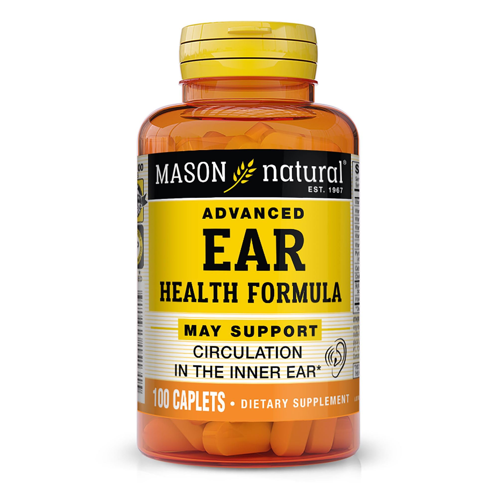 MASON NATURAL envase frontal mostrando la fórmula para salud auditiva y dosis clara
