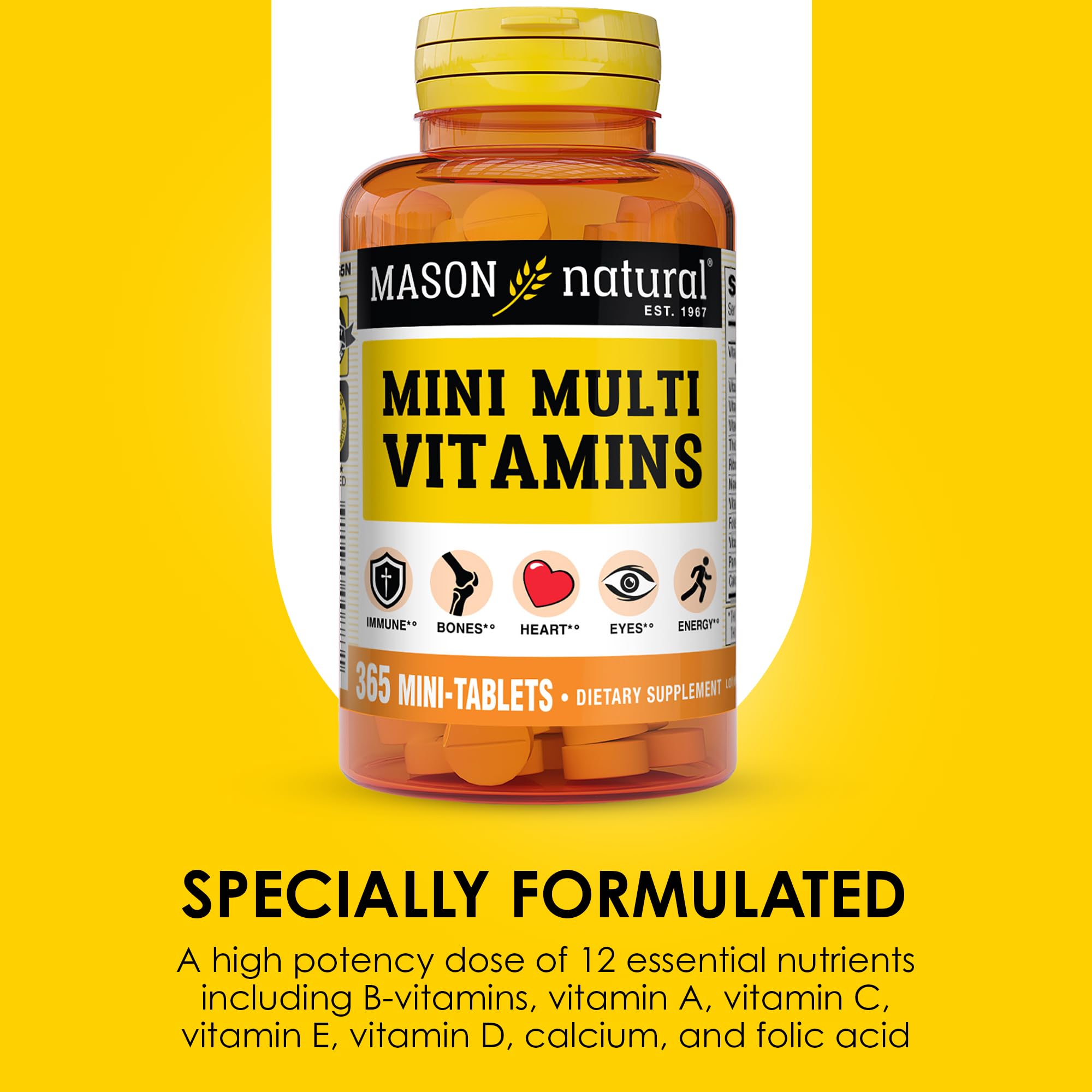 MASON NATURAL detalle de la etiqueta con lista de vitaminas y certificaciones de calidad