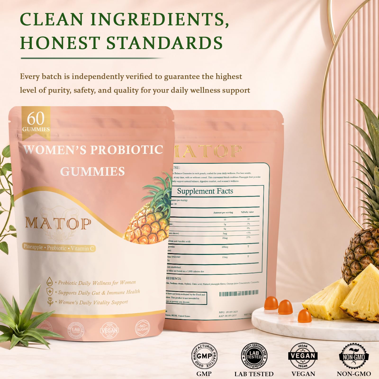 MATOP etiqueta con lista de ingredientes y sello vegano para confianza del consumidor