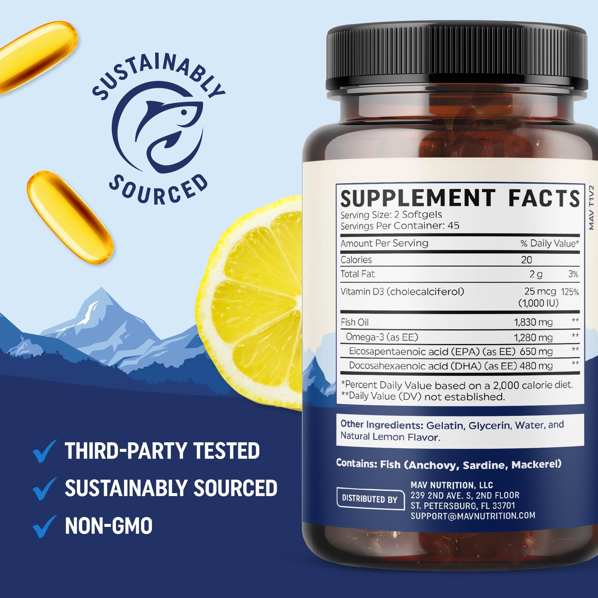 MAV NUTRITION botella abierta con softgels lista para uso diario