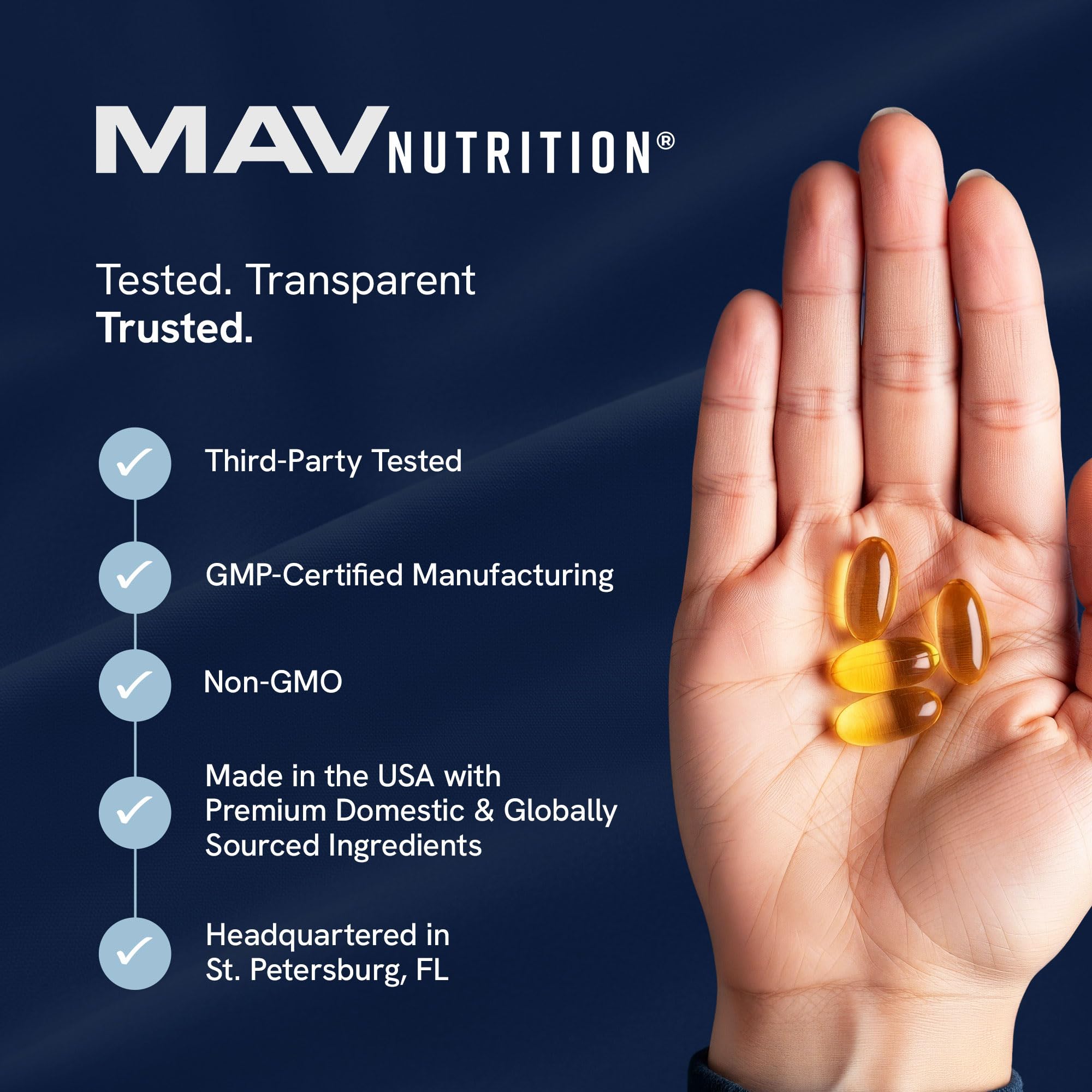 MAV NUTRITION etiqueta mostrando pruebas por terceros y GMP