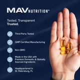 MAV NUTRITION etiqueta mostrando pruebas por terceros y GMP
