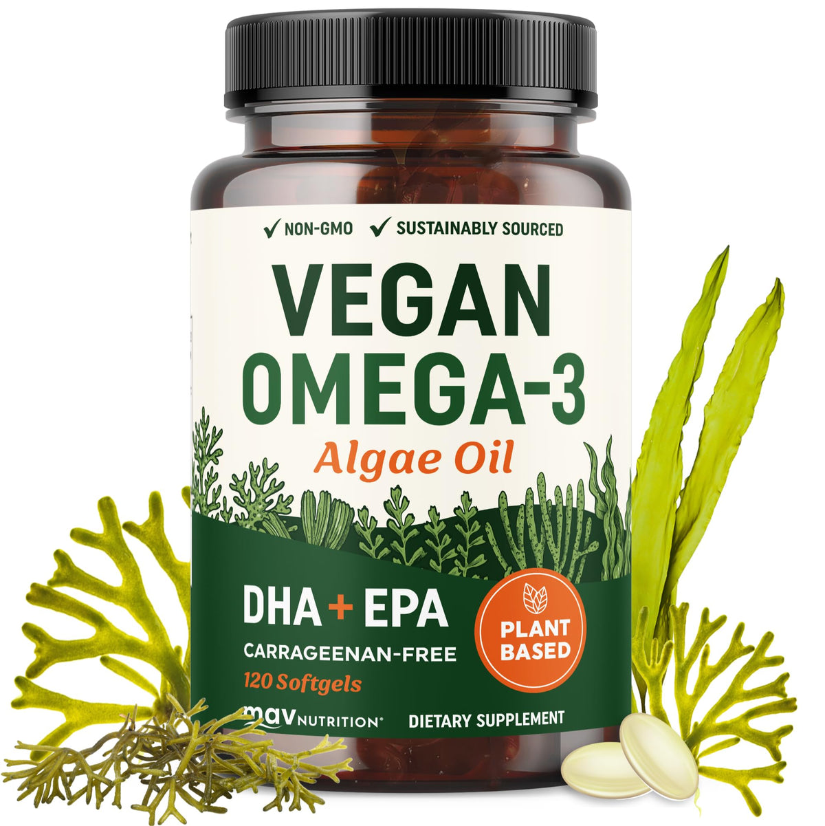 MAV NUTRITION envase frontal mostrando el producto y beneficios veganos